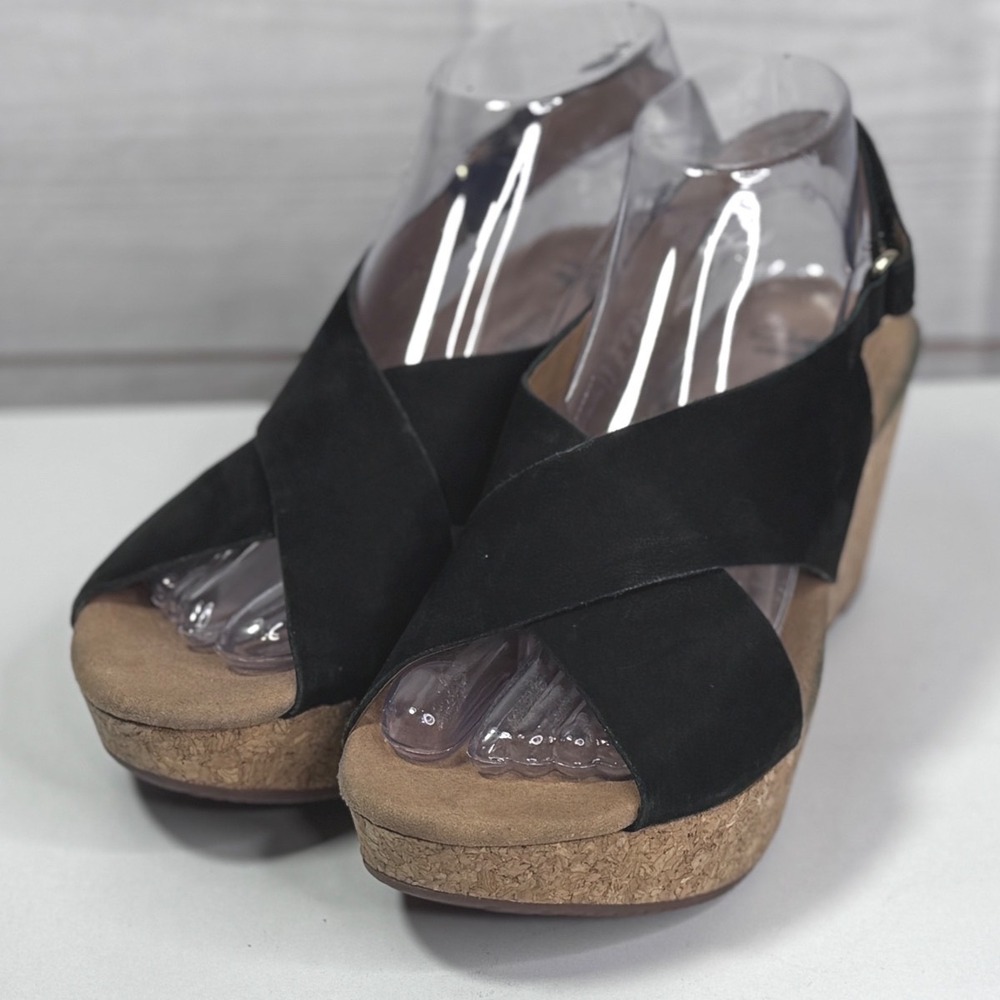 Clarks Black Suede Cork Wedge Sandals Womens 8.5 M Strappy Back Heels